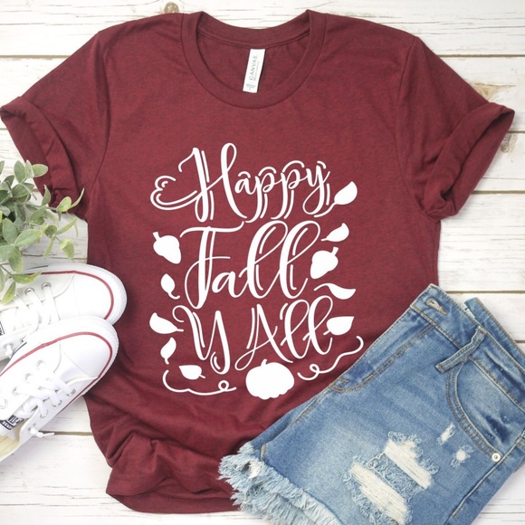 Tops - HAPPY FALL YALL THANKSGIVING AUTUMN PUMPKIN LEAVES